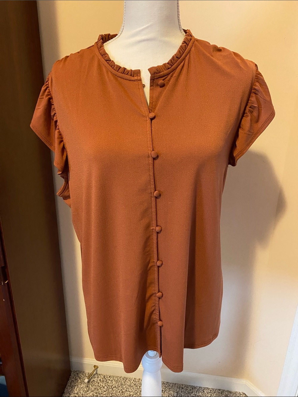 Ruffled Collar Button-Front Blouse in Rust